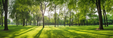 Fresh green nature, Trees in the park with green grass and sunlight.の素材