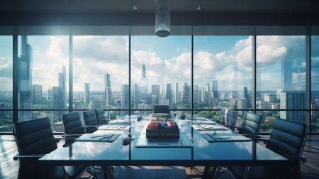 interior of meeting room office glass sectioning with city view.の素材