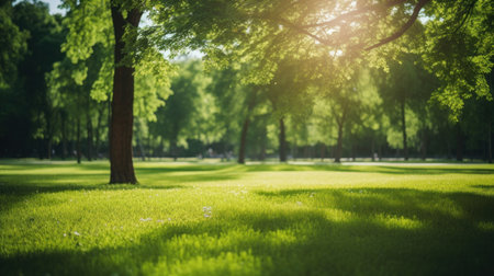 Fresh green nature, Trees in the park with green grass and sunlight.の素材