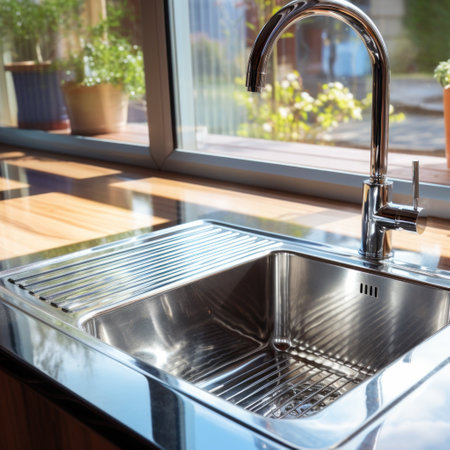 Stainless steel shiny perfectly clean sink in kitchen at home.の素材