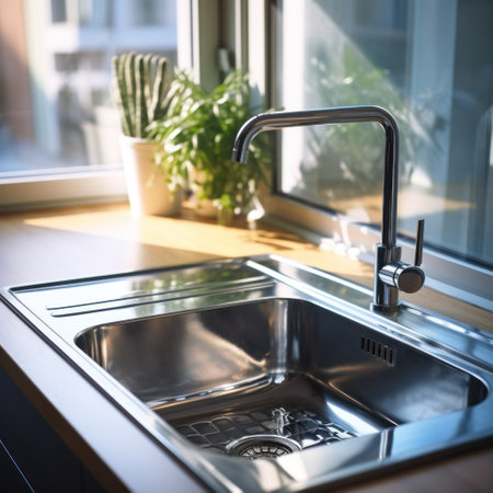 Stainless steel shiny perfectly clean sink in kitchen at home.の素材