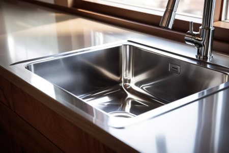 Stainless steel shiny perfectly clean sink in kitchen at home.の素材