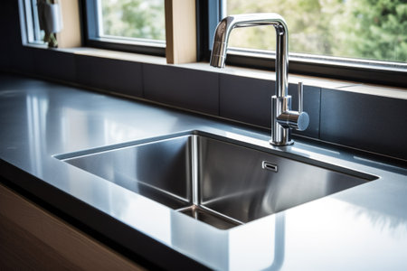 Stainless steel shiny perfectly clean sink in kitchen at home.の素材