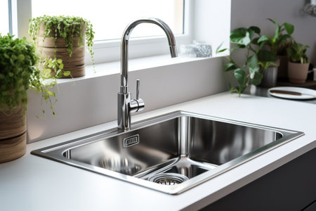 Stainless steel shiny perfectly clean sink in kitchen at home.の素材