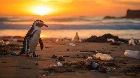 A penguin on the beach with garbage, plastic waste,  concept environmental pollution. Pollution of the ocean and coast.の素材