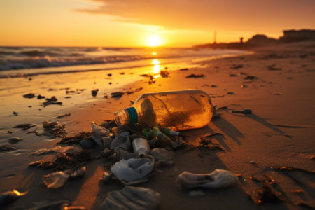 A penguin on the beach with garbage, plastic waste,  concept environmental pollution. Pollution of the ocean and coast.の素材