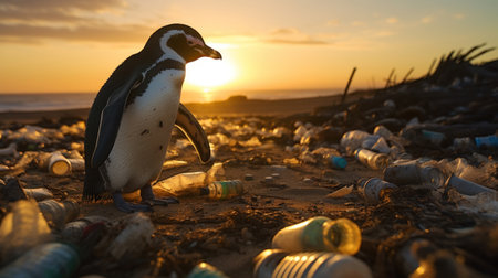 A penguin on the beach with garbage, plastic waste,  concept environmental pollution. Pollution of the ocean and coast.の素材