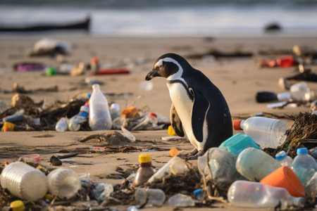 A penguin on the beach with garbage, plastic waste,  concept environmental pollution. Pollution of the ocean and coast.の素材