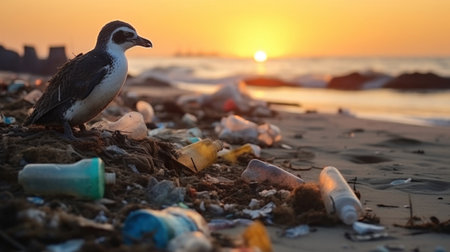 A penguin on the beach with garbage, plastic waste,  concept environmental pollution. Pollution of the ocean and coast.の素材