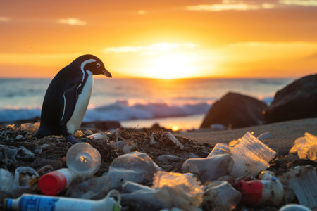 A penguin on the beach with garbage, plastic waste,  concept environmental pollution. Pollution of the ocean and coast.の素材