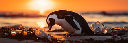 A penguin on the beach with garbage, plastic waste,  concept environmental pollution. Pollution of the ocean and coast.の素材