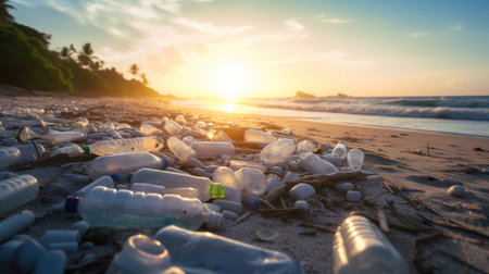 Environmental pollution, Plastic water bottles pollution on the beach.の素材