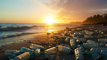 Environmental pollution, Plastic water bottles pollution on the beach.の素材