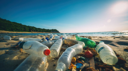 Environmental pollution, Plastic water bottles pollution on the beach.の素材