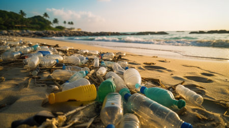 Environmental pollution, Plastic water bottles pollution on the beach.の素材