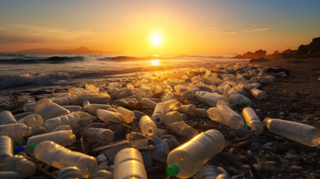 Environmental pollution, Plastic water bottles pollution on the beach.の素材