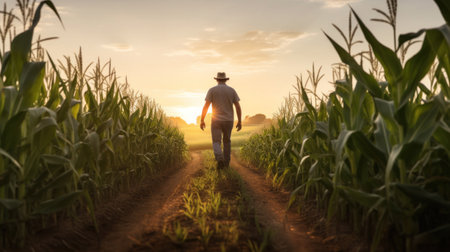 A farmer walking through corn field at dawn, grain silo in the distance, Agriculture concept.の素材