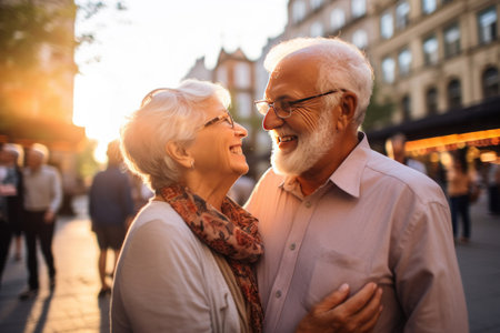 A senior couple are smiling while standing in the europian city.の素材