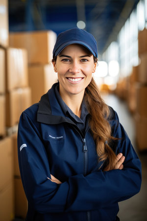 A smiling female logistics coordinator managing harbor operations, surrounded by shipping containers, ensuring efficient and timely delivery of cargo.の素材