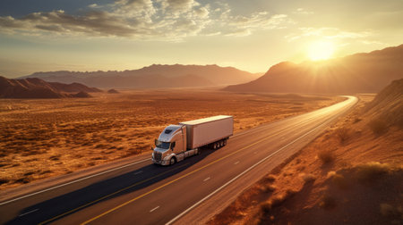 A transport semi-truck effortlessly crossing the expansive terrain of the southwest United States, a representation of logistics, freight, and delivery.の素材
