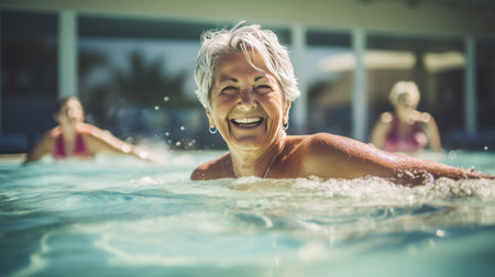 Active senior women enjoying aqua fit class in a pool, retired lifestyle.の素材