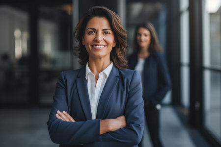 A smiling female CEO or Chief Executive Officer standing with arms crossed, mature caucasian woman running a large corporation as boss.の素材