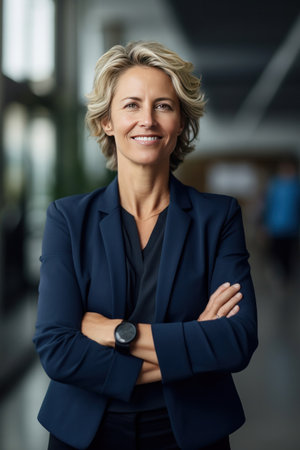 A smiling female CEO or Chief Executive Officer standing with arms crossed, mature caucasian woman running a large corporation as boss.の素材