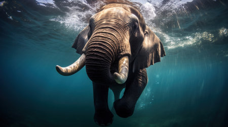 An elephant swiming in the ocean.の素材