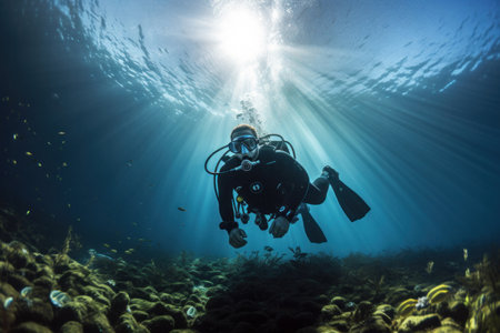 A diving lesson in open water. Scuba diver before diving into ocean.の素材
