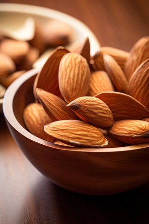 Close up of Almond snack fruit in wooden bowl.の素材