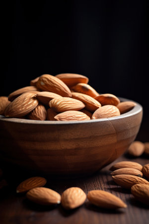 Close up of Almond snack fruit in wooden bowl.の素材