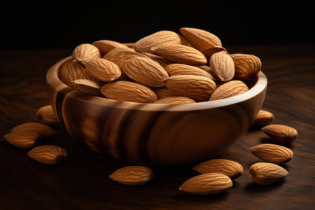 Close up of Almond snack fruit in wooden bowl.の素材