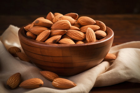 Close up of Almond snack fruit in wooden bowl.の素材