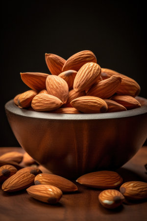 Close up of Almond snack fruit in wooden bowl.の素材