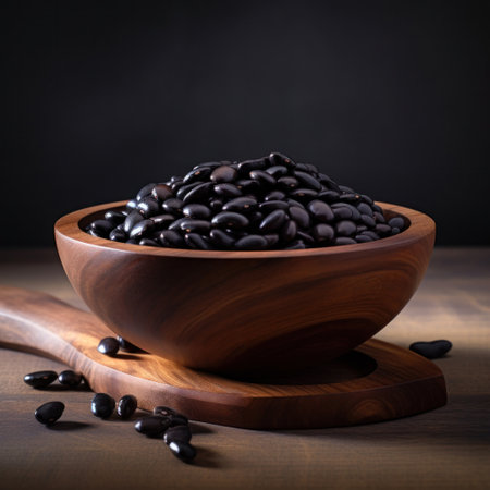 Dry black bean in wooden bowl.の素材