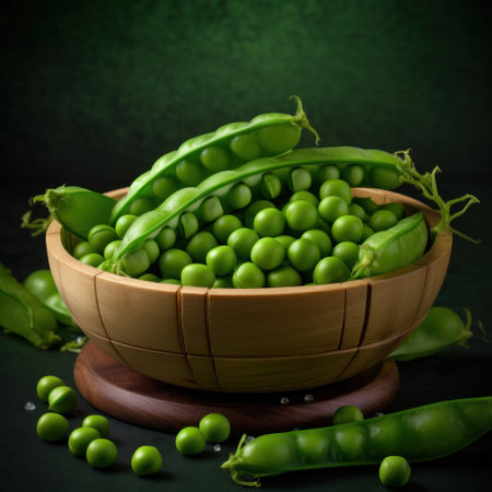 Green peas in wooden bowl.の素材