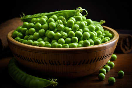 Green peas in wooden bowl.の素材