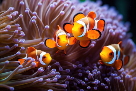 Orange clown fishs swimming in a sea anemone.の素材
