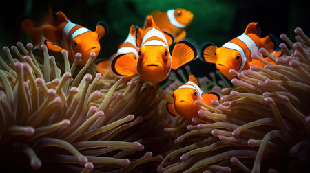 Orange clown fishs swimming in a sea anemone.の素材