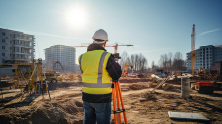 A surveyor builder engineer with theodolite transit equipment with crane on the background at construction site.の素材