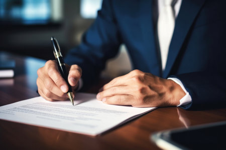 Close up hand of businessman in suit writing business papers at desk in modern coworking office.の素材