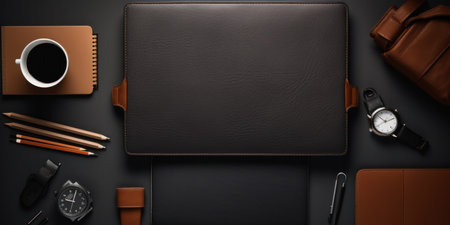 Equipment, Office leather workspace with office supplies and copy space on dark background. Top viewの素材