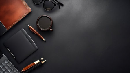Equipment, Office leather workspace with office supplies and copy space on dark background. Top viewの素材