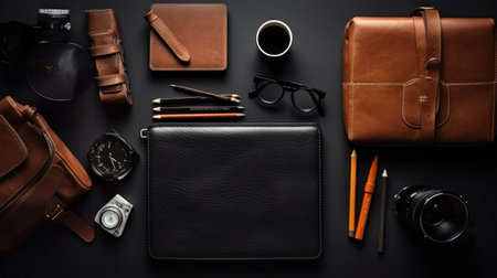 Equipment, Office leather workspace with office supplies and copy space on dark background. Top viewの素材