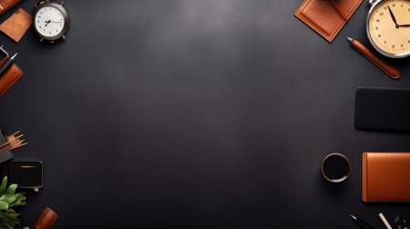 Equipment, Office leather workspace with office supplies and copy space on dark background. Top viewの素材