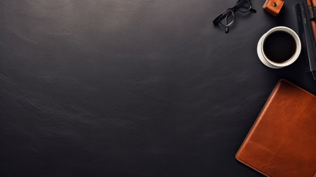 Equipment, Office leather workspace with office supplies and copy space on dark background. Top viewの素材