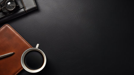 Equipment, Office leather workspace with office supplies and copy space on dark background. Top viewの素材
