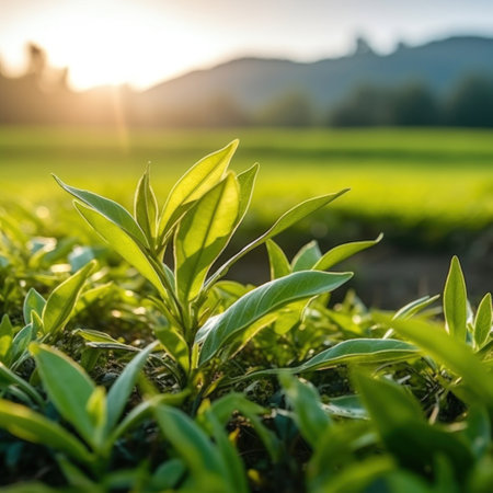 Close up of Green tea leaf in the morning, tea plantation. Green tea bud and leaves.の素材