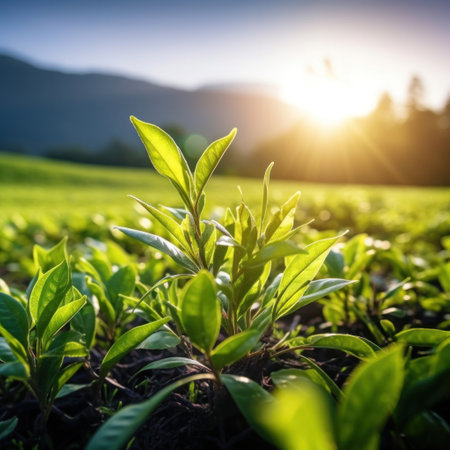 Close up of Green tea leaf in the morning, tea plantation. Green tea bud and leaves.の素材