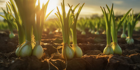 Close up of Leeks growing on a farm.の素材